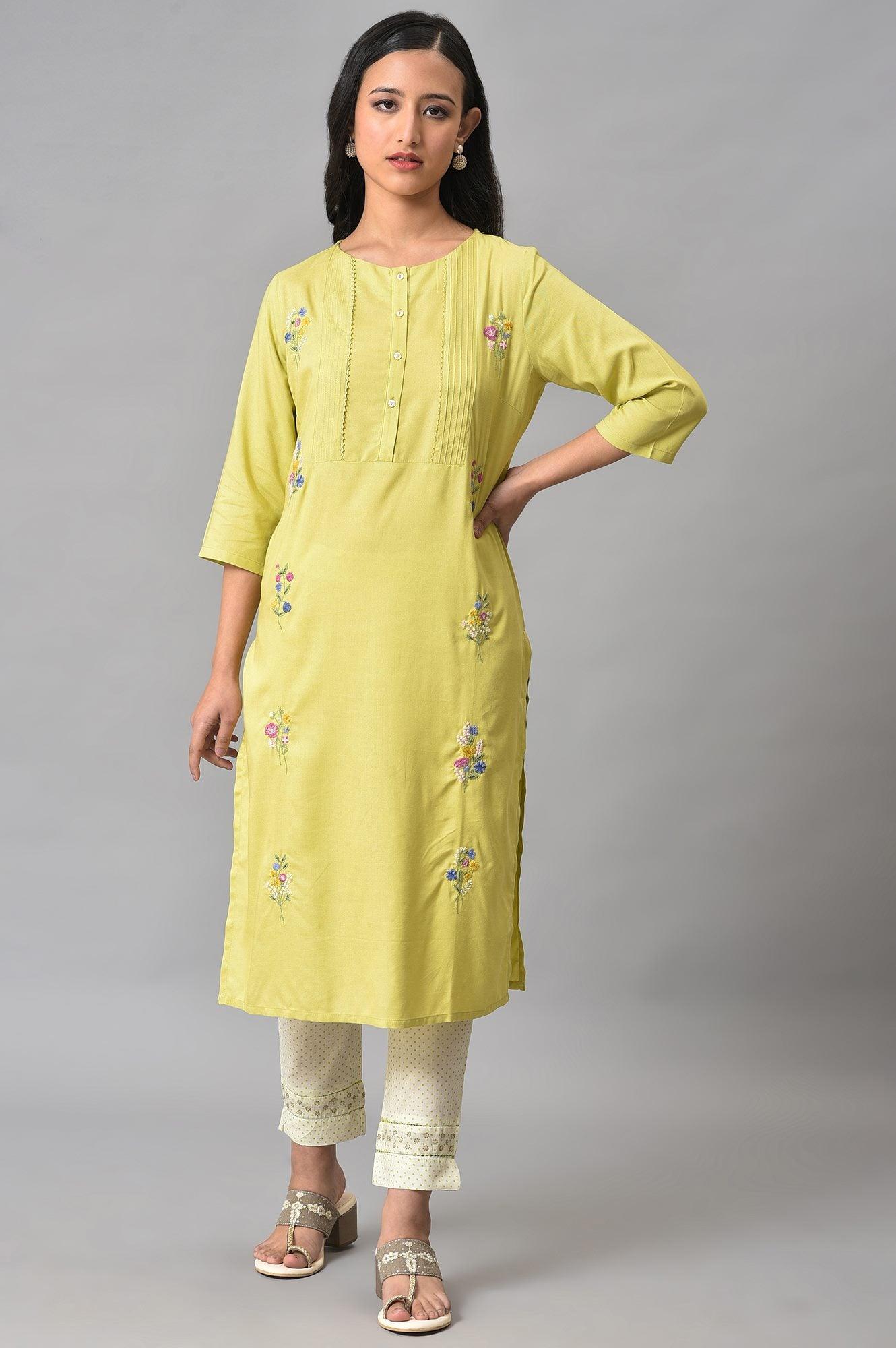 Light Green Embroidered Pintuck Summer kurta - wforwoman