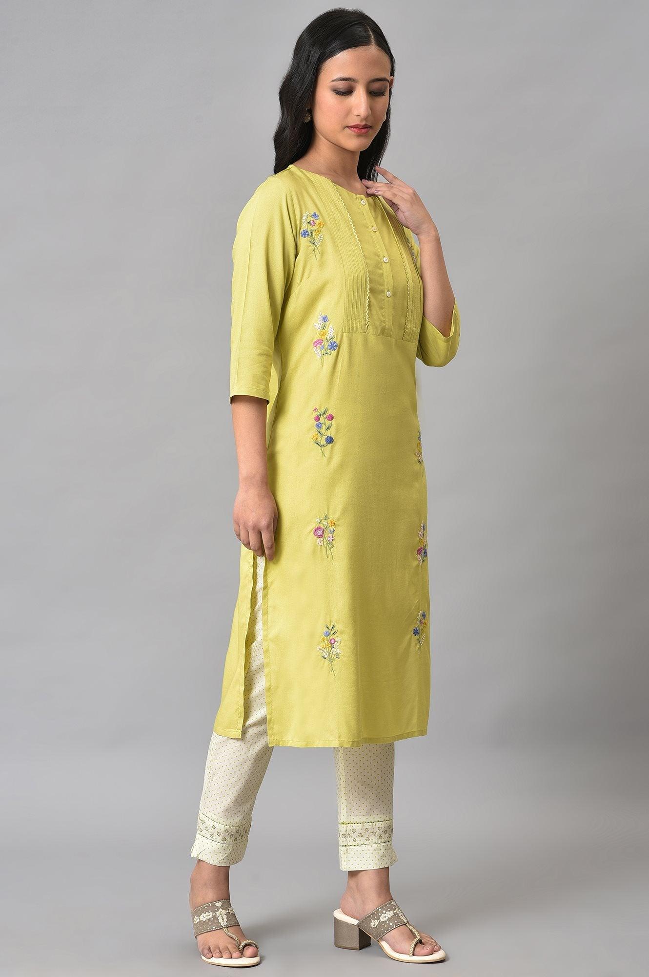 Plus Size Light Green Embroidered Pintuck Summer kurta - wforwoman