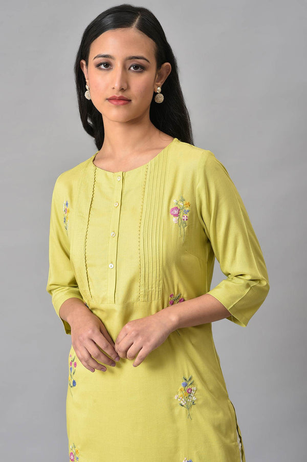 Light Green Solid Thread Embroidered Rayon Straight Kurta and Straight Pant Set