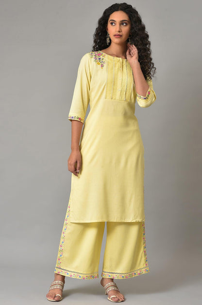 Yellow Embroidered Plus Size Summer kurta With Pleats On Yoke - wforwoman