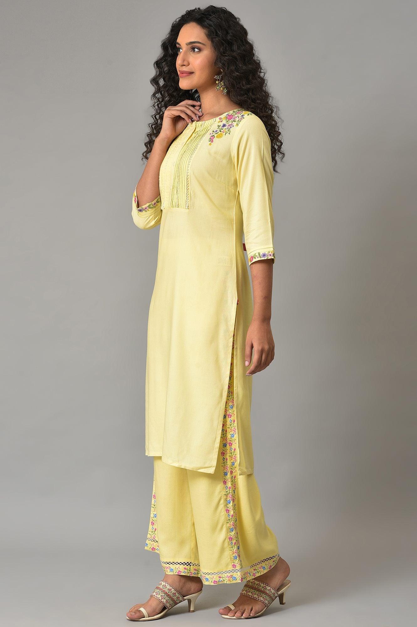 Yellow Embroidered Plus Size Summer kurta With Pleats On Yoke - wforwoman