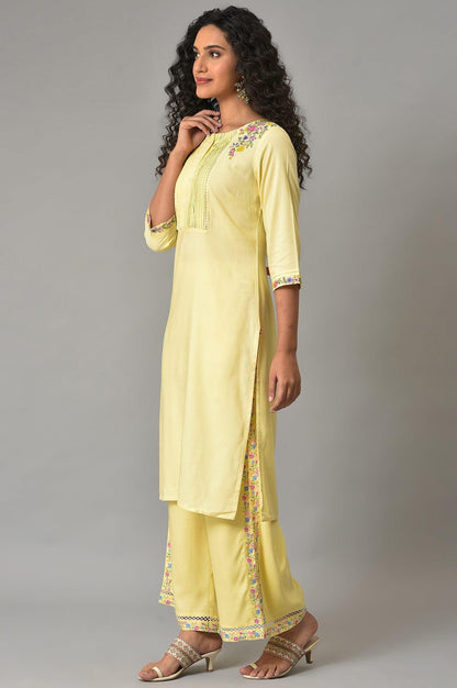 Yellow Embroidered Summer kurta With Pleats On Yoke - wforwoman