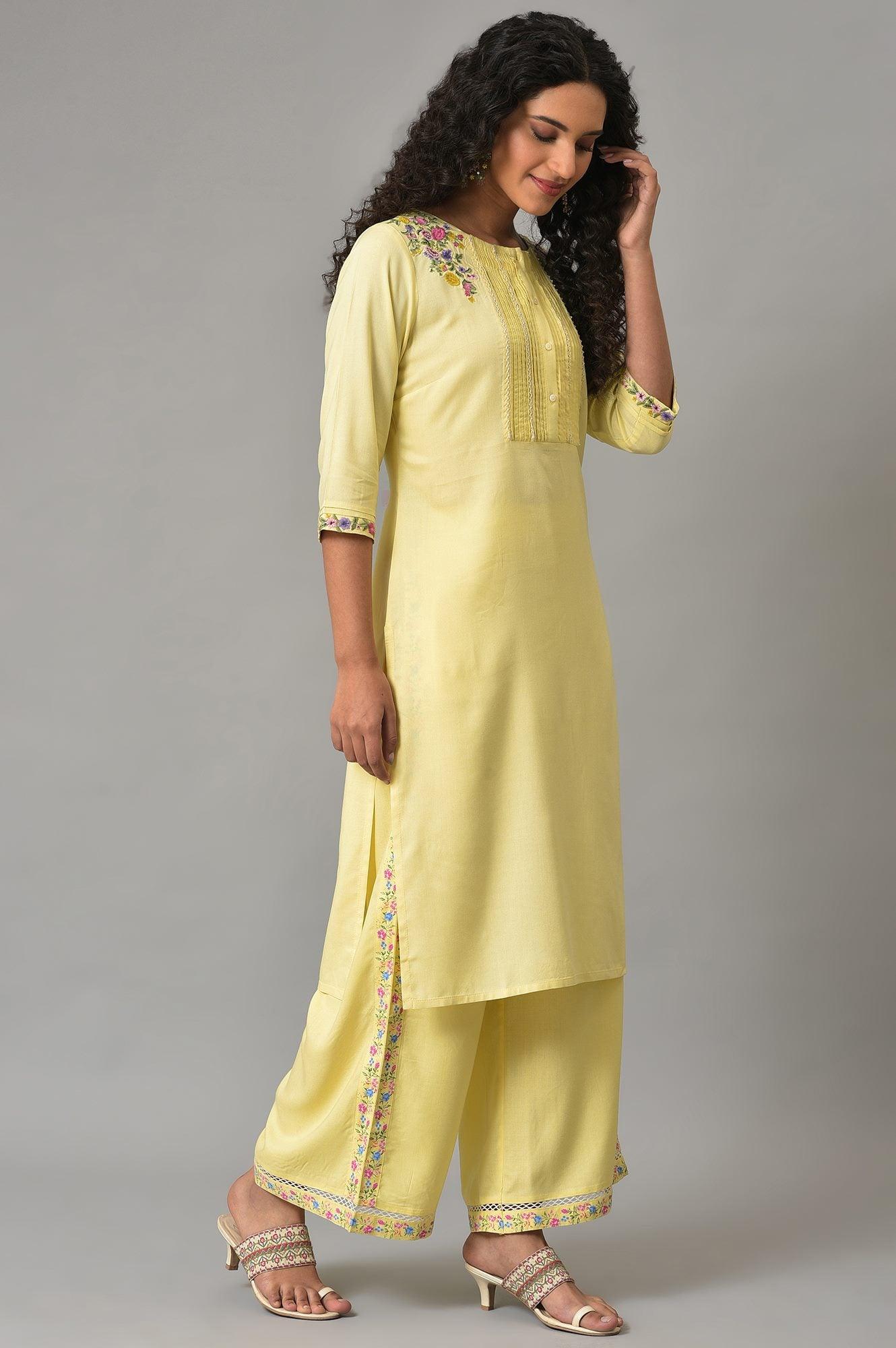 Yellow Embroidered Plus Size Summer kurta With Pleats On Yoke - wforwoman
