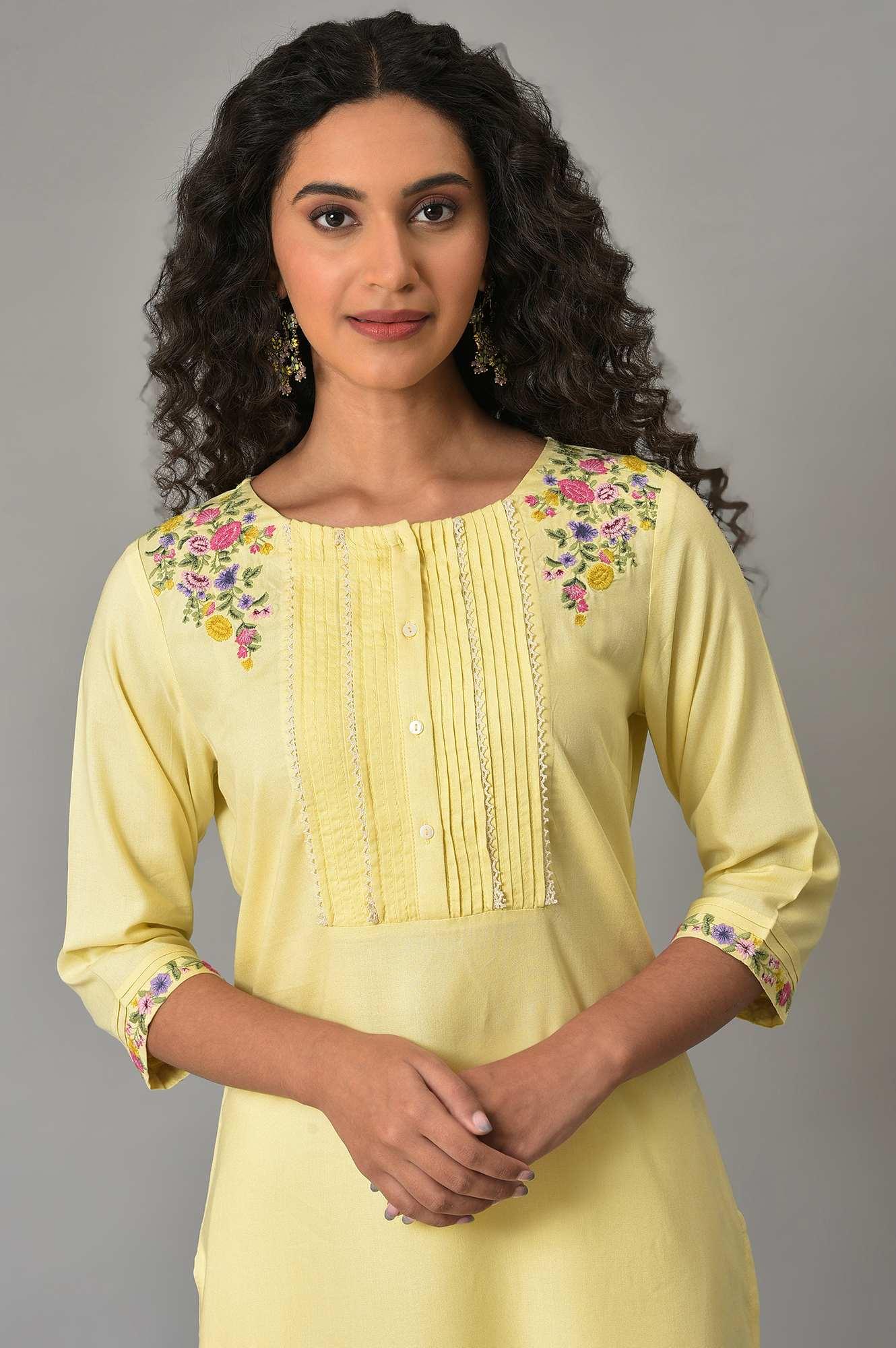 Yellow Embroidered Summer kurta With Pleats On Yoke - wforwoman