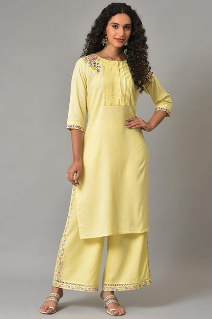 Yellow Embroidered Plus Size Summer kurta With Pleats On Yoke - wforwoman
