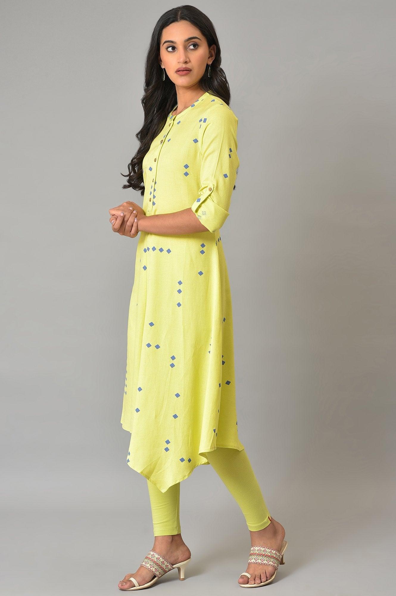 Celery Green Asymmetric kurta In Geometric Print - wforwoman