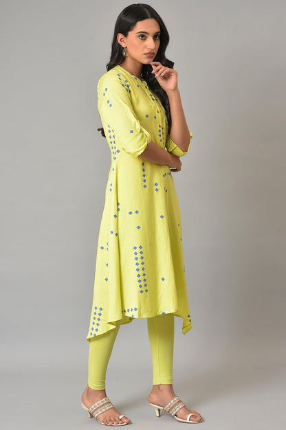 Celery Green Asymmetric kurta In Geometric Print - wforwoman