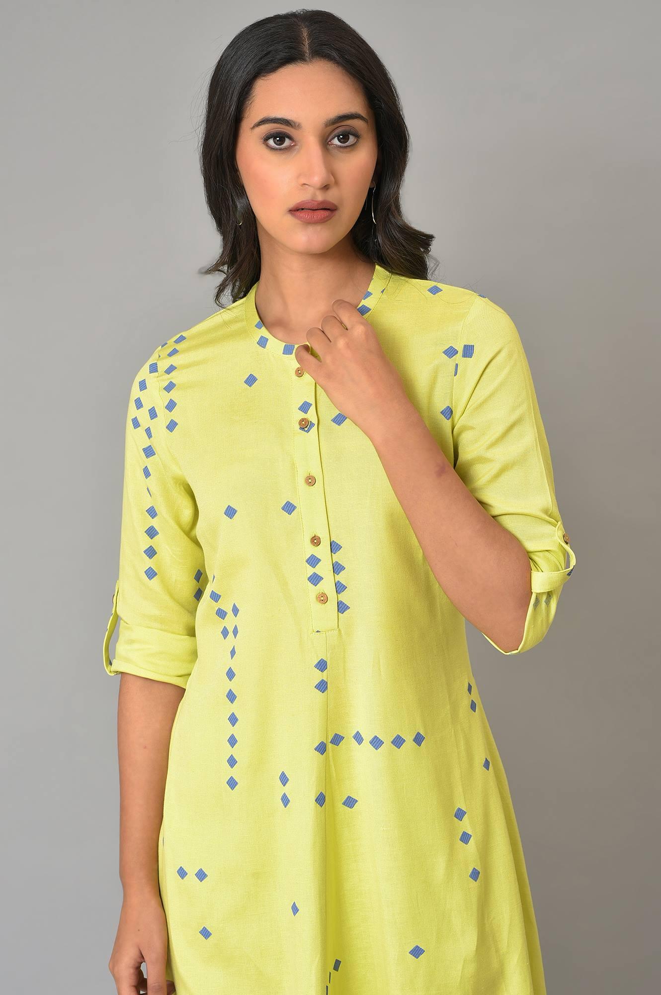 Celery Green Asymmetric kurta In Geometric Print - wforwoman