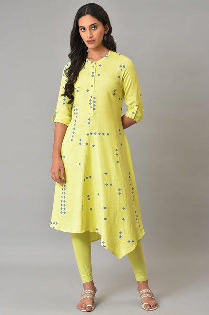 Celery Green Asymmetric kurta In Geometric Print - wforwoman