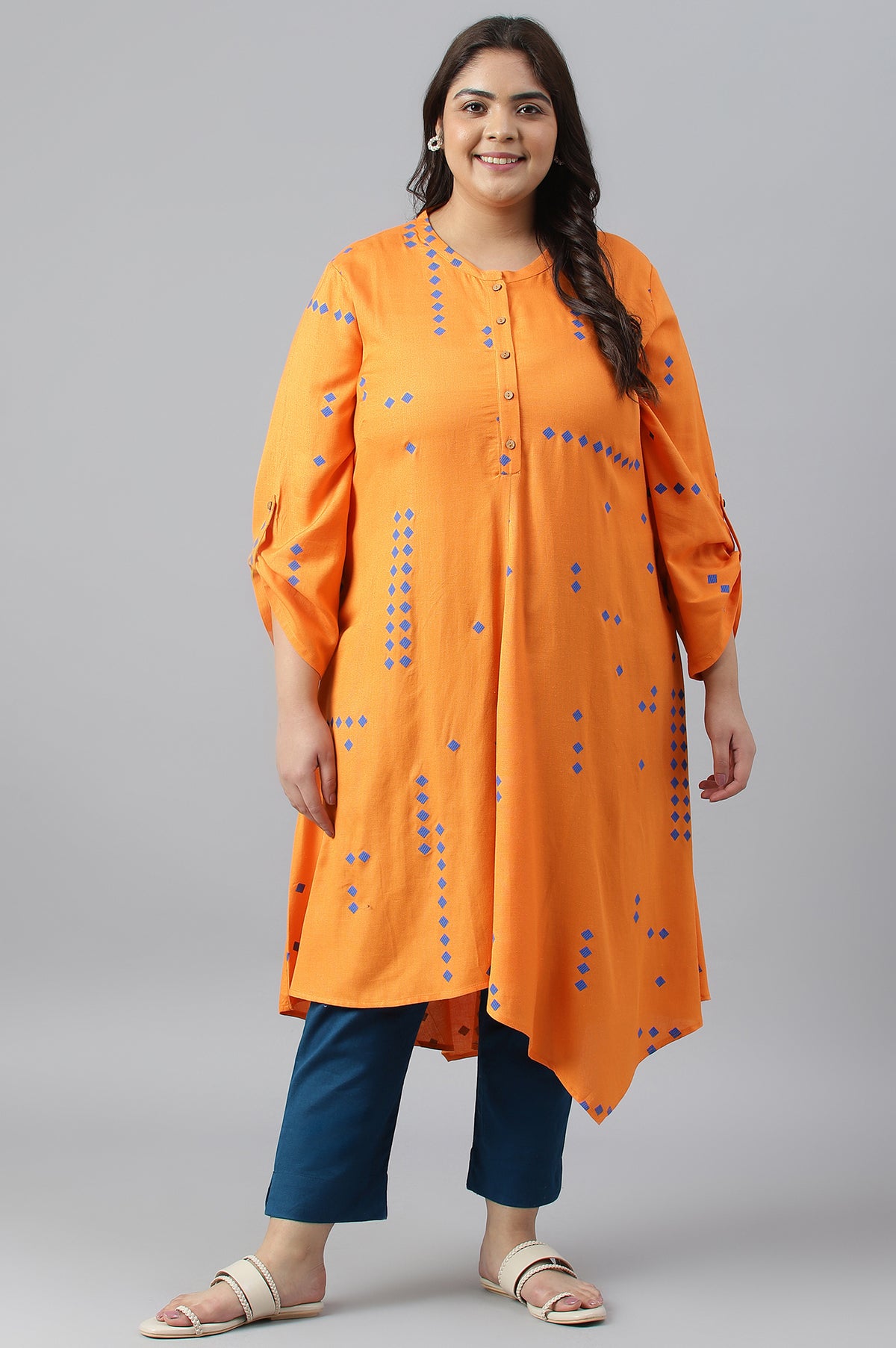 Orange Printed Asymmetrical Plus Size kurta - 4XL