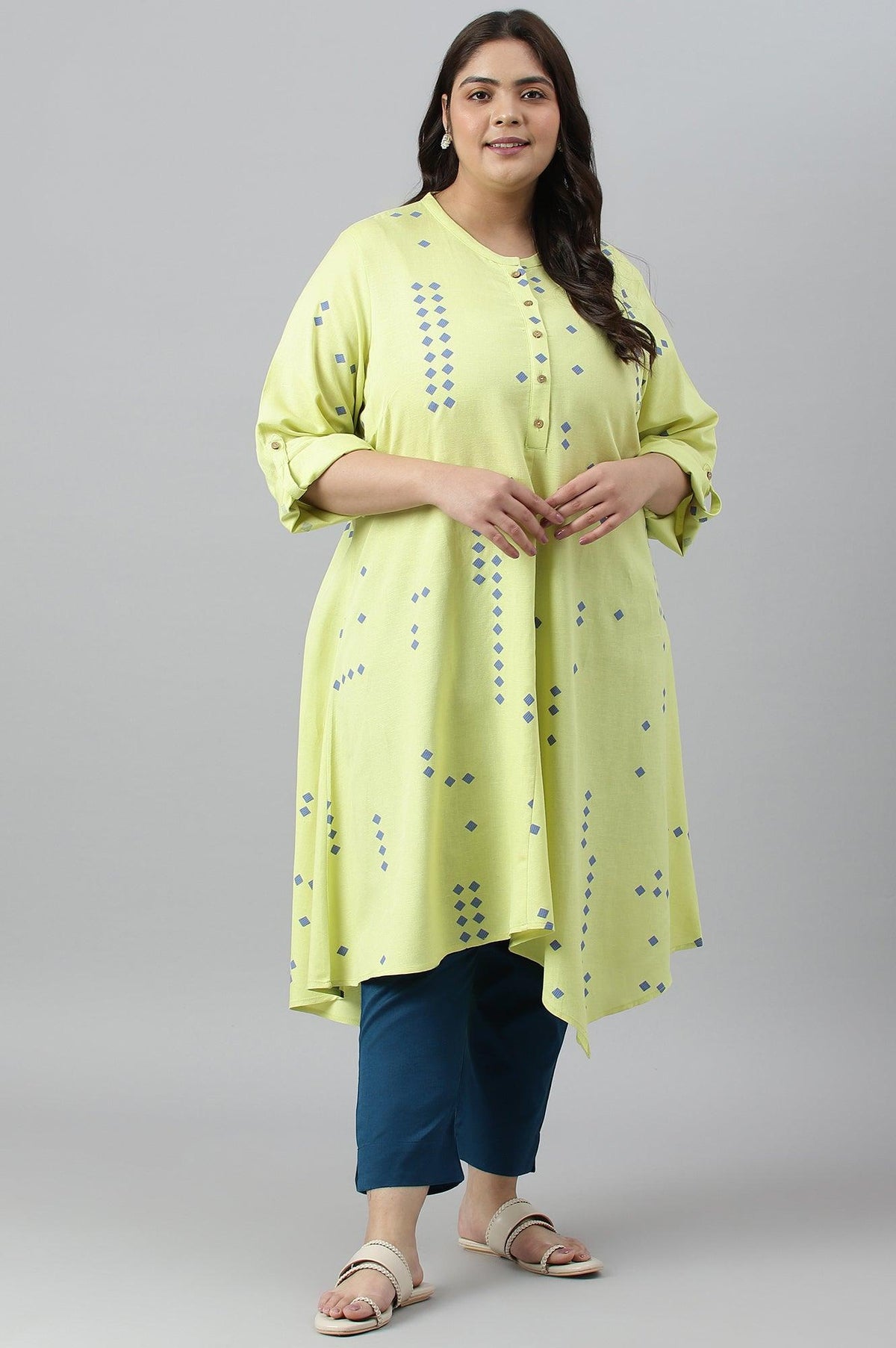 Light Green Printed Asymmetrical Plus Size kurta - 4XL