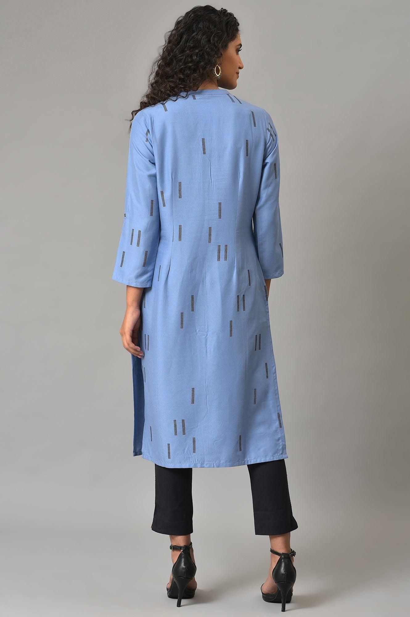 Blue Geometric Print Plus Size Shirt kurta - wforwoman