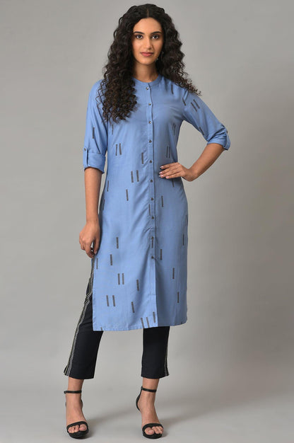 Blue Geometric Print Plus Size Shirt kurta - wforwoman