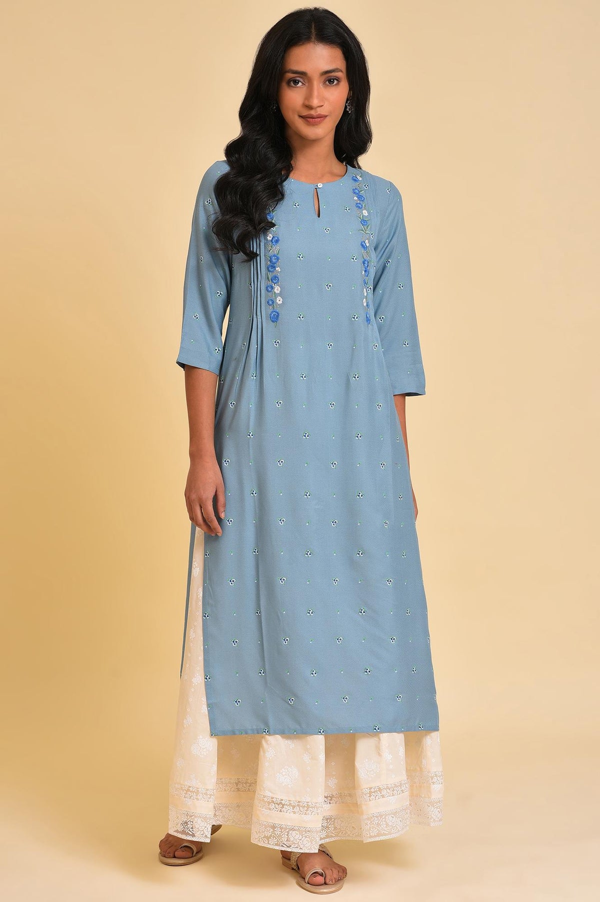 Plus Size Blue Printed kurta With Embroidery - 4XL