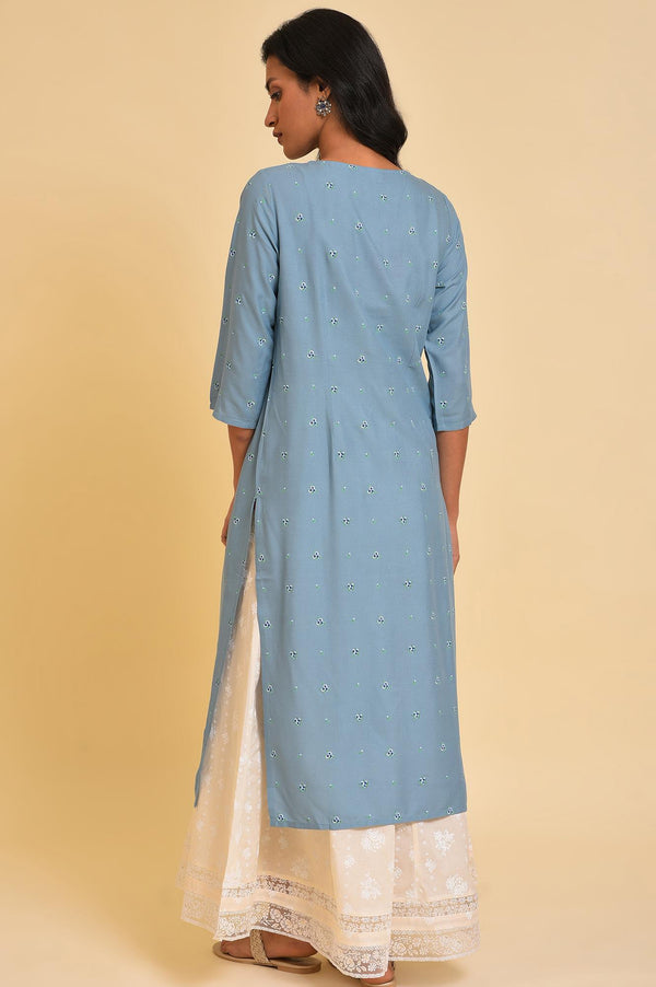 Plus Size Blue Printed kurta With Embroidery