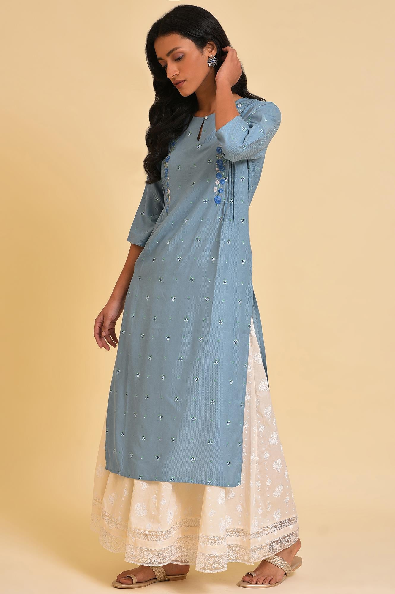 Plus Size Blue Printed kurta With Embroidery