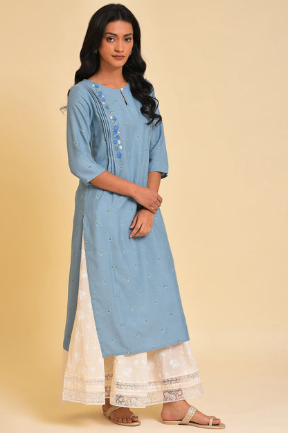 Plus Size Blue Printed kurta With Embroidery