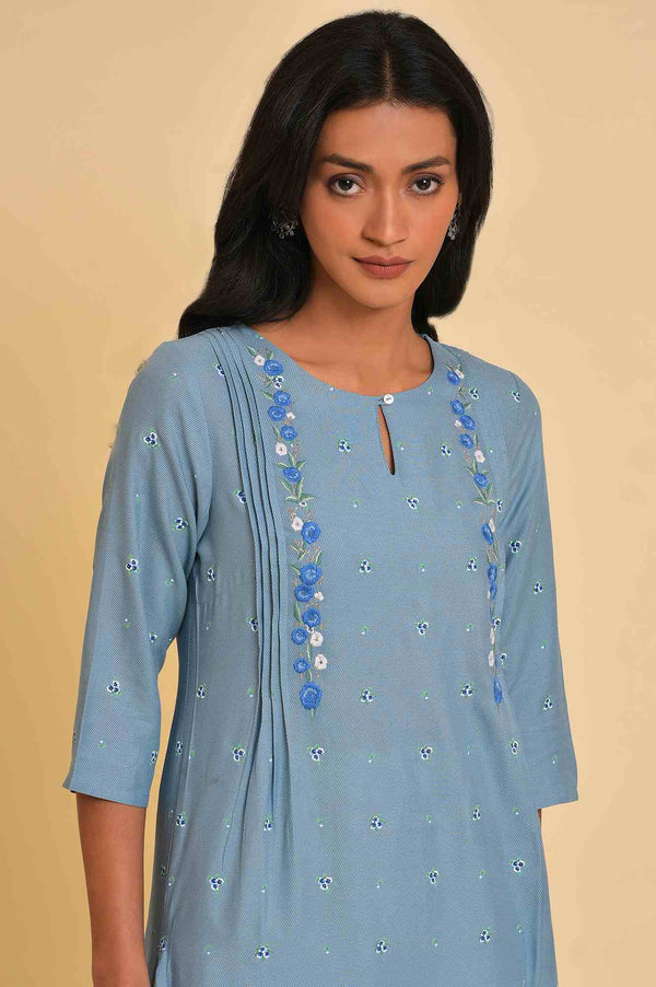 Plus Size Blue Printed kurta With Embroidery