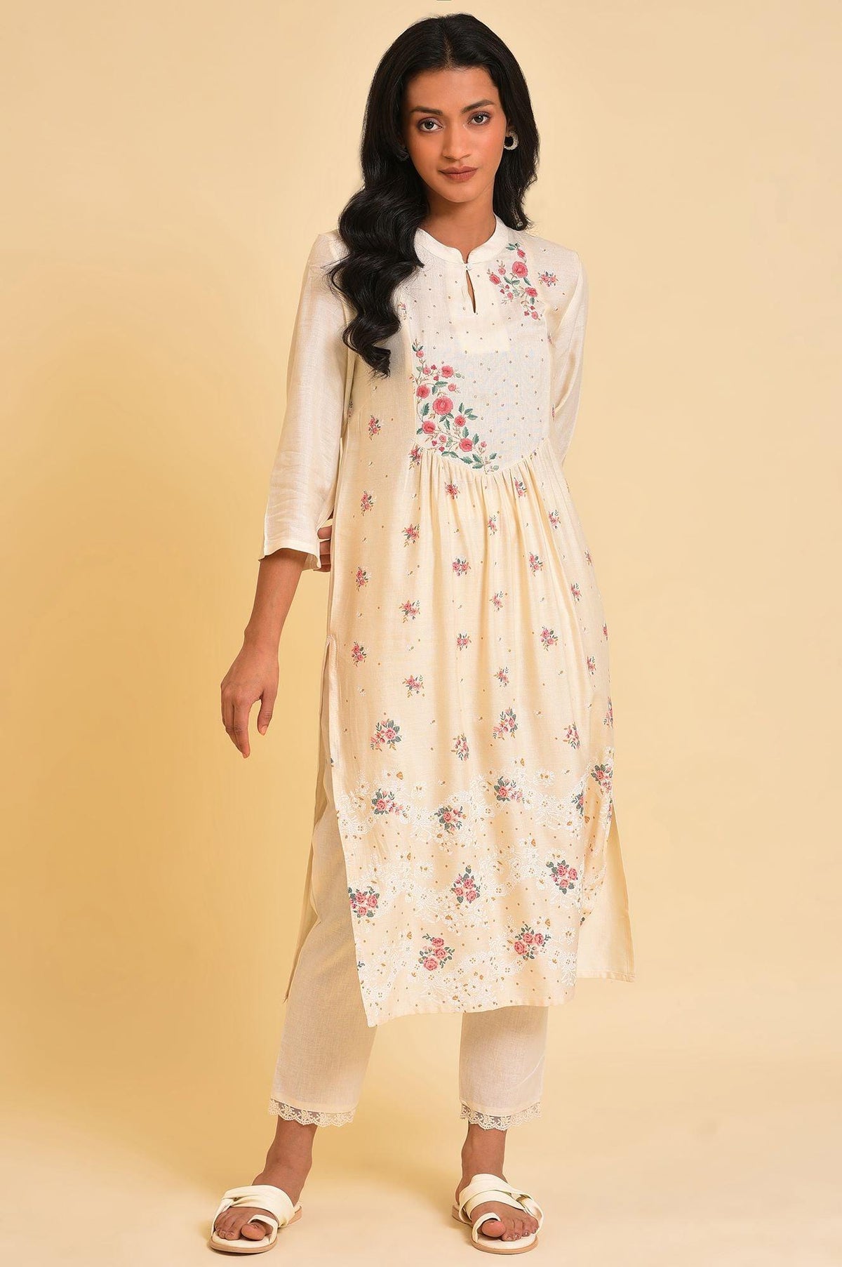 Biege Floral Printed Festive kurta - XS