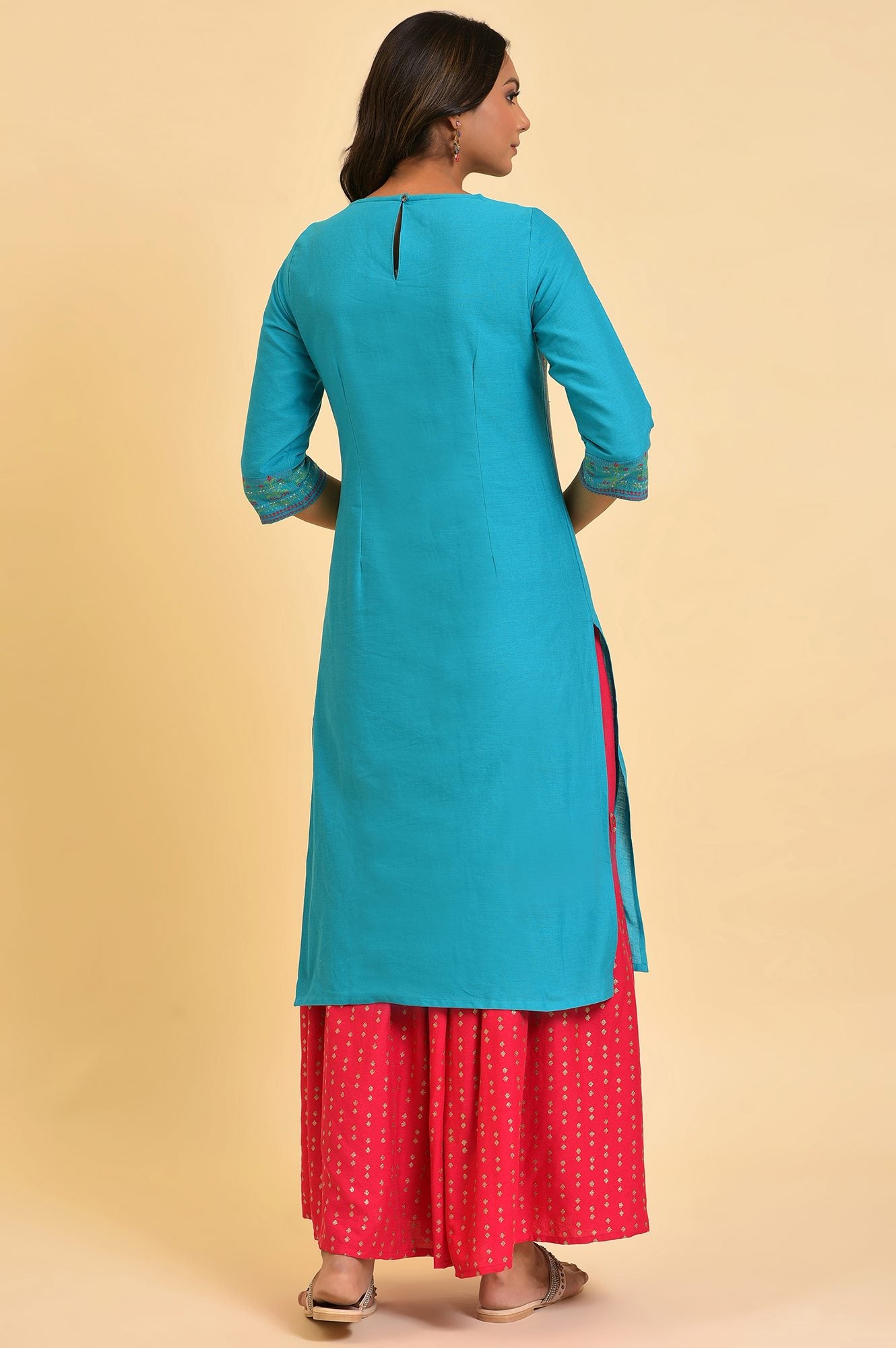 Blue Round Neck Dobby Kurta with Sequins - wforwoman
