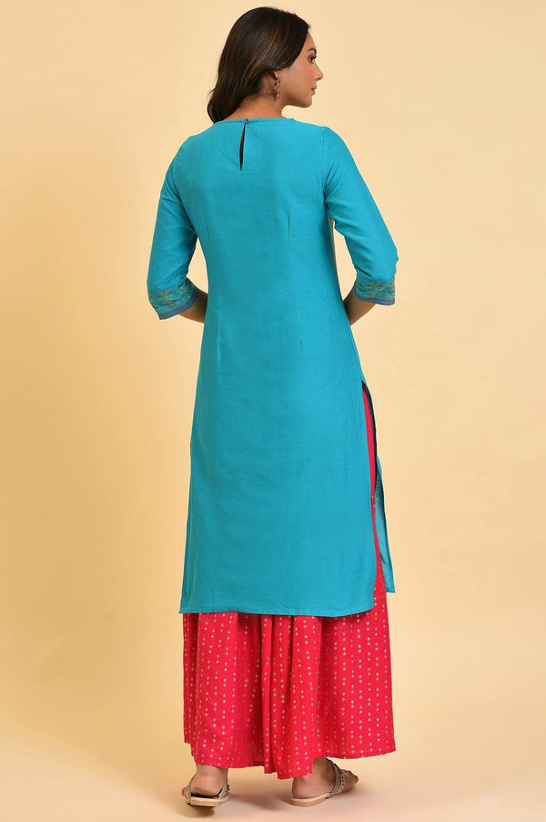 Plus Size Blue Round Neck Dobby kurta With Sequins