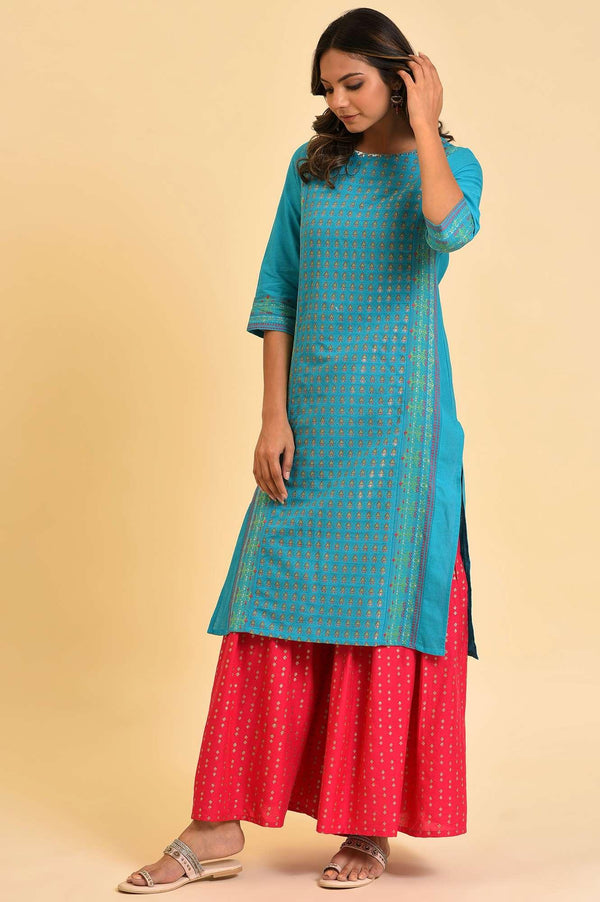Blue Round Neck Dobby kurta With Sequins
