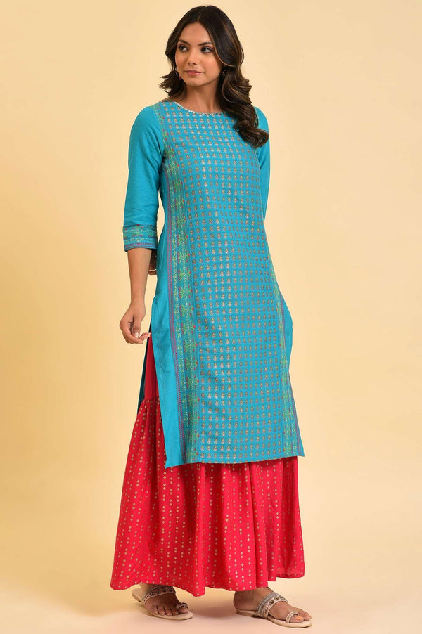 Blue Round Neck Dobby kurta With Sequins