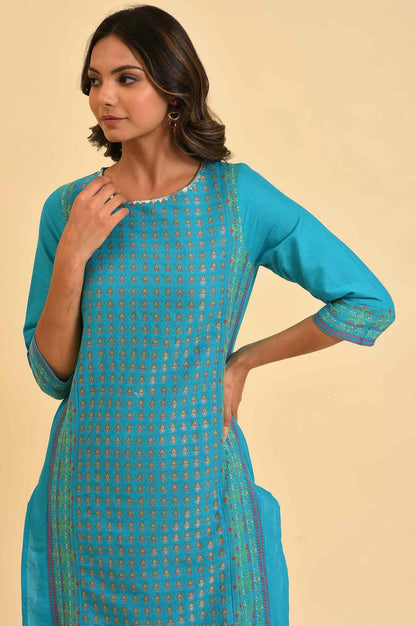 Blue Round Neck Dobby kurta With Sequins - wforwoman
