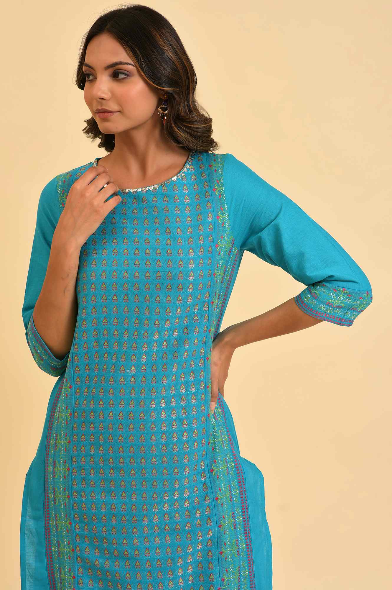 Blue Round Neck Dobby Kurta with Sequins - wforwoman