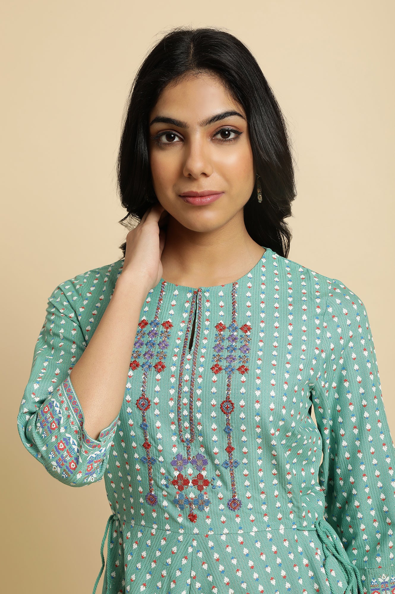 Light Green Geometric Printed Flared Kurta with Slim Pant Set