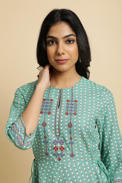 Light Green Geometric Printed Flared Kurta with Slim Pant Set