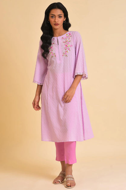 Plus Size Light Purple Embroidered Cotton kurta - wforwoman