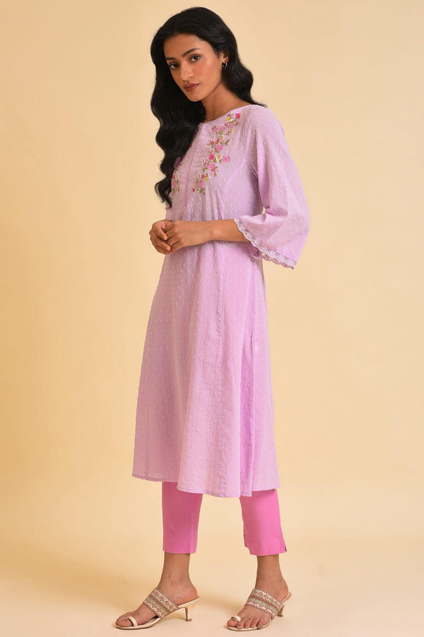 Plus Size Light Purple Embroidered Cotton kurta