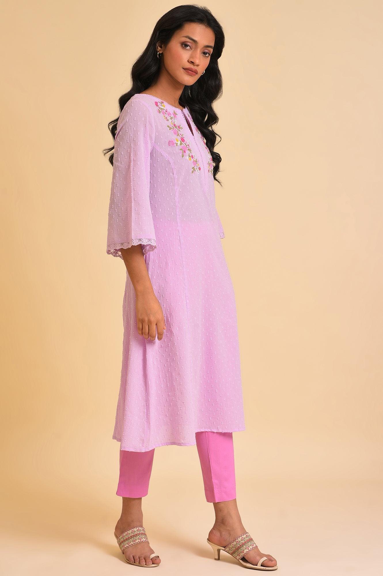 Light Purple Embroidered Cotton kurta - wforwoman
