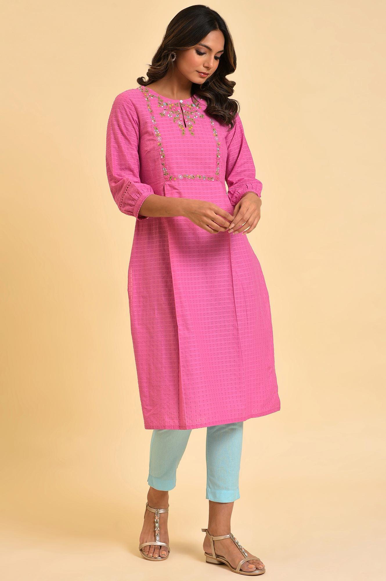 Plus Size Pink Floral Embroidered kurta In Textured Fabric - wforwoman