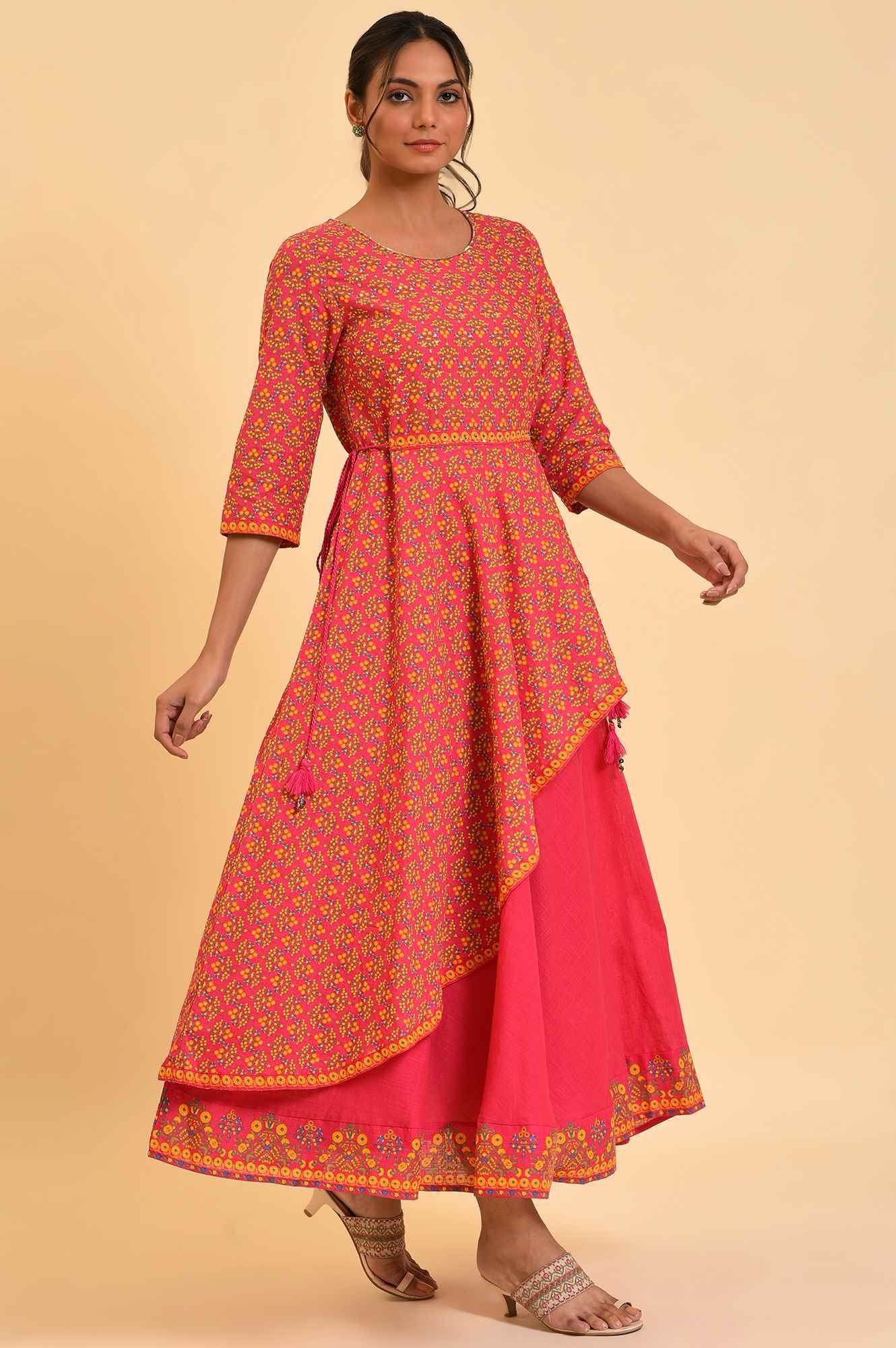 Pink Printed Asymmetrical Festive Dress - wforwoman