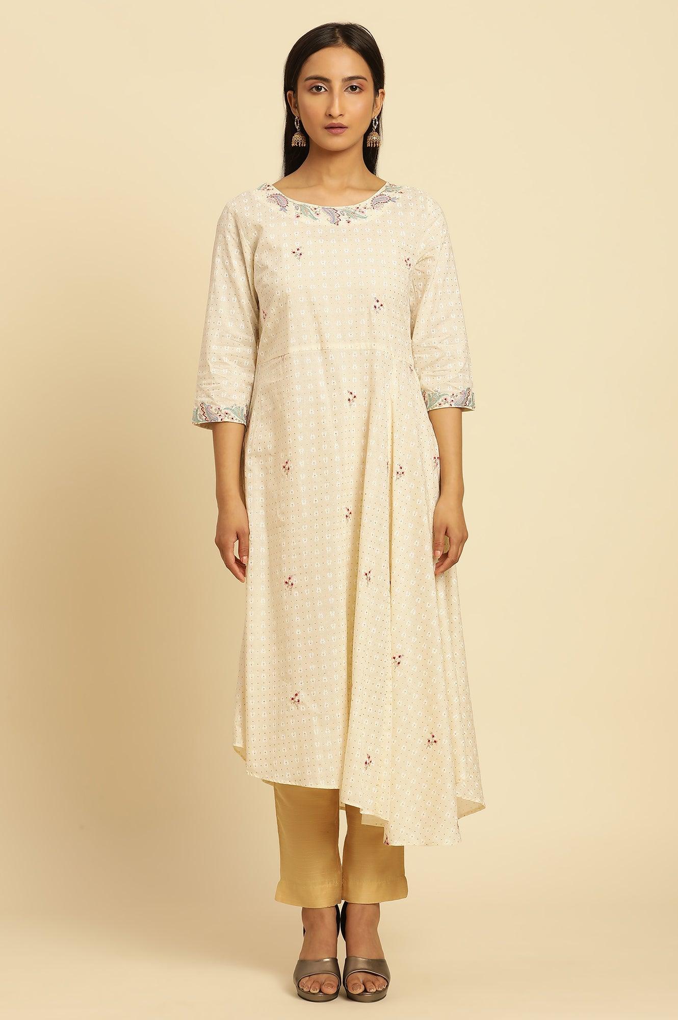 Ecru Embroidered Kurta With Asymmetrical Hemline - wforwoman
