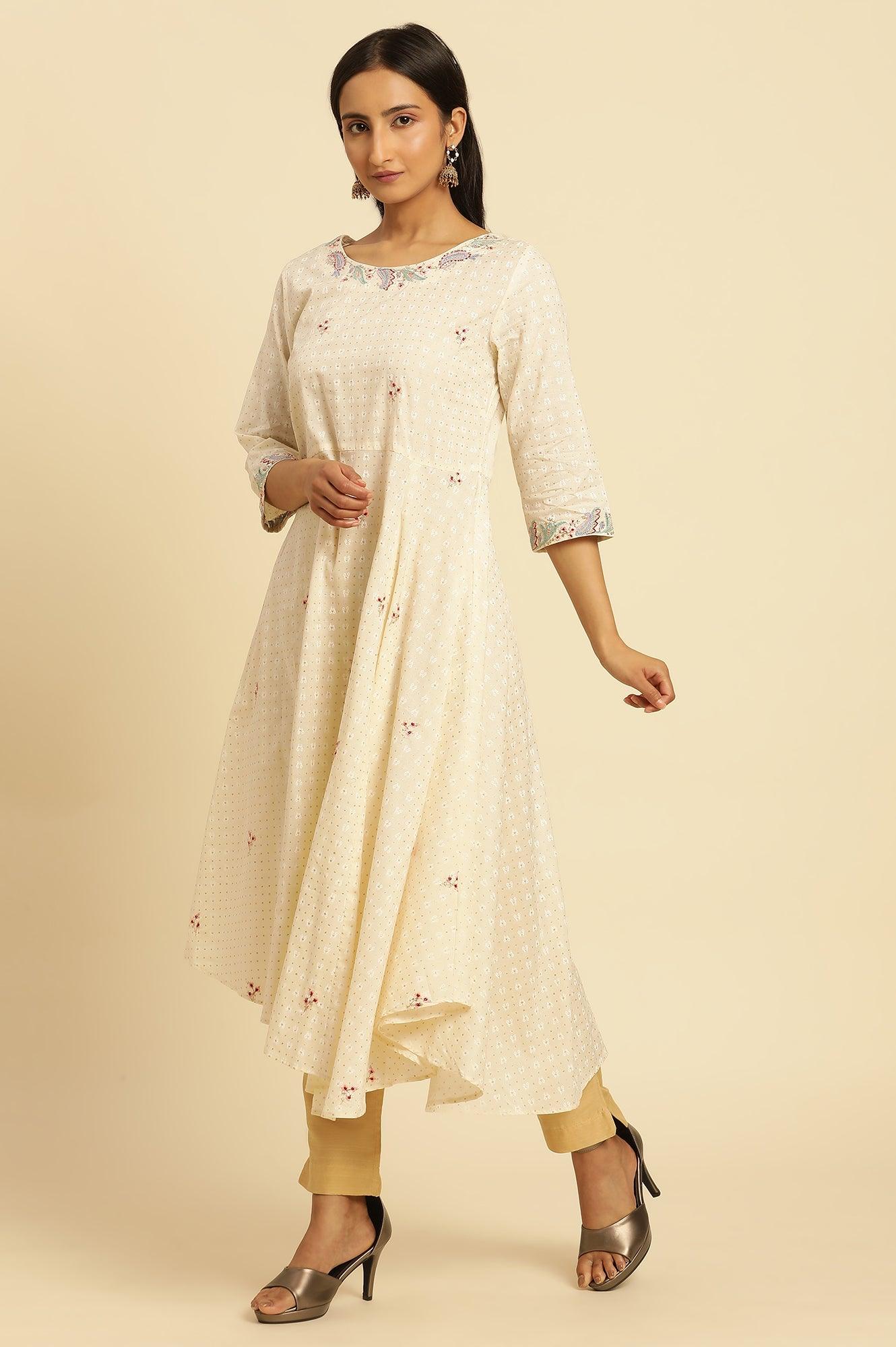 Ecru Embroidered Kurta With Asymmetrical Hemline - wforwoman
