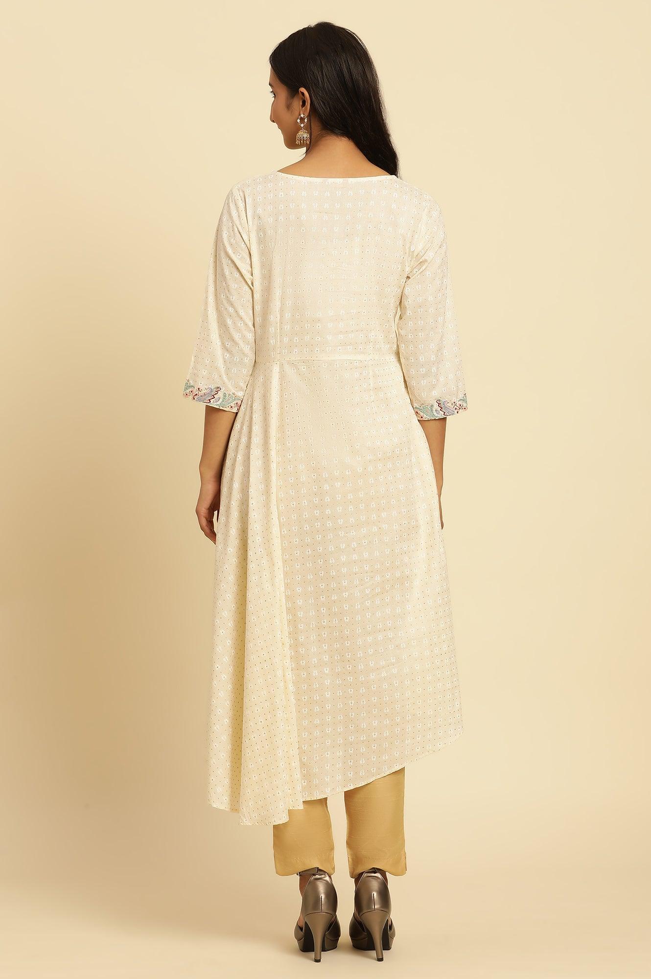 Ecru Embroidered Kurta With Asymmetrical Hemline - wforwoman