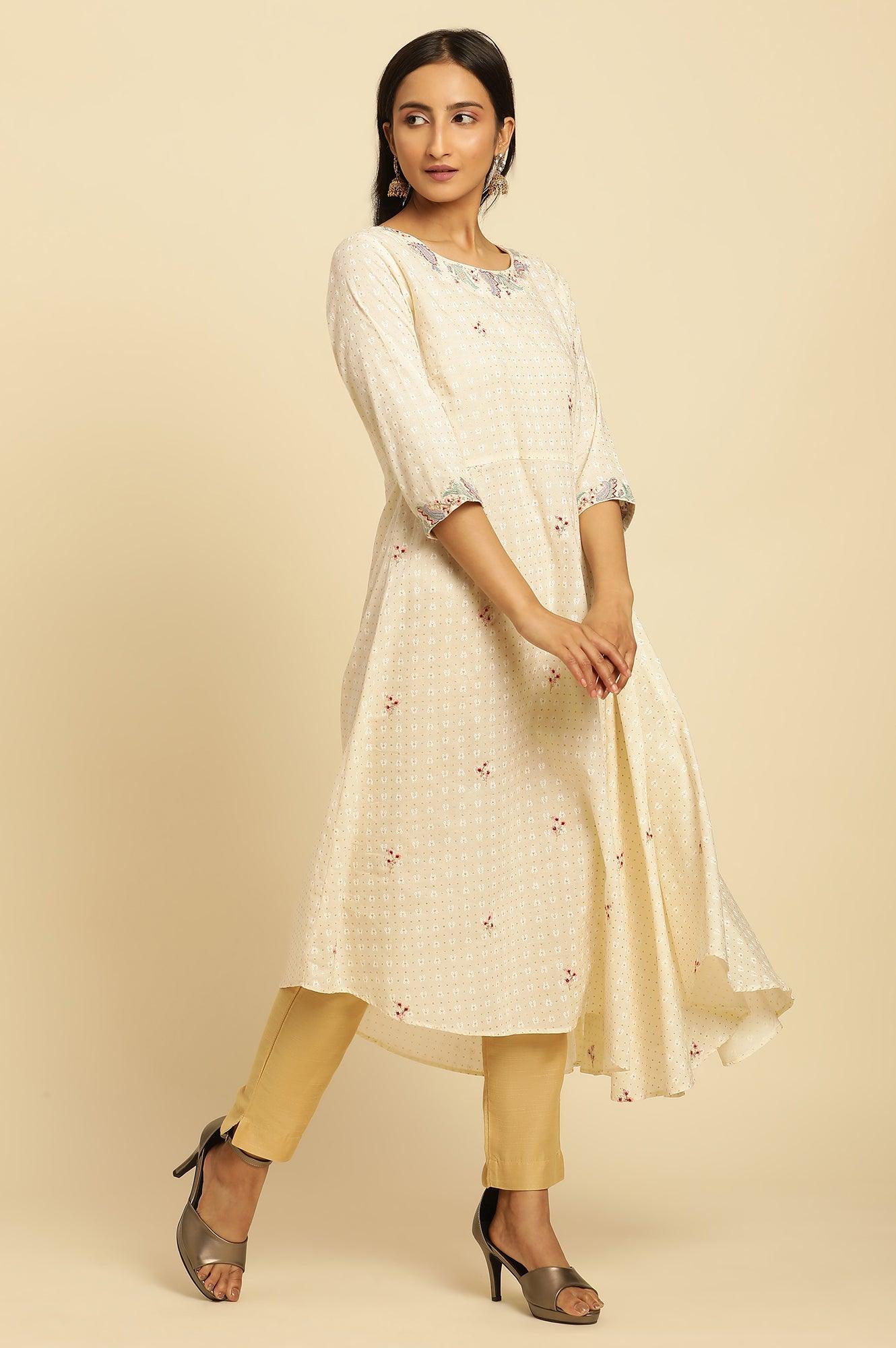 Ecru Embroidered Kurta With Asymmetrical Hemline - wforwoman