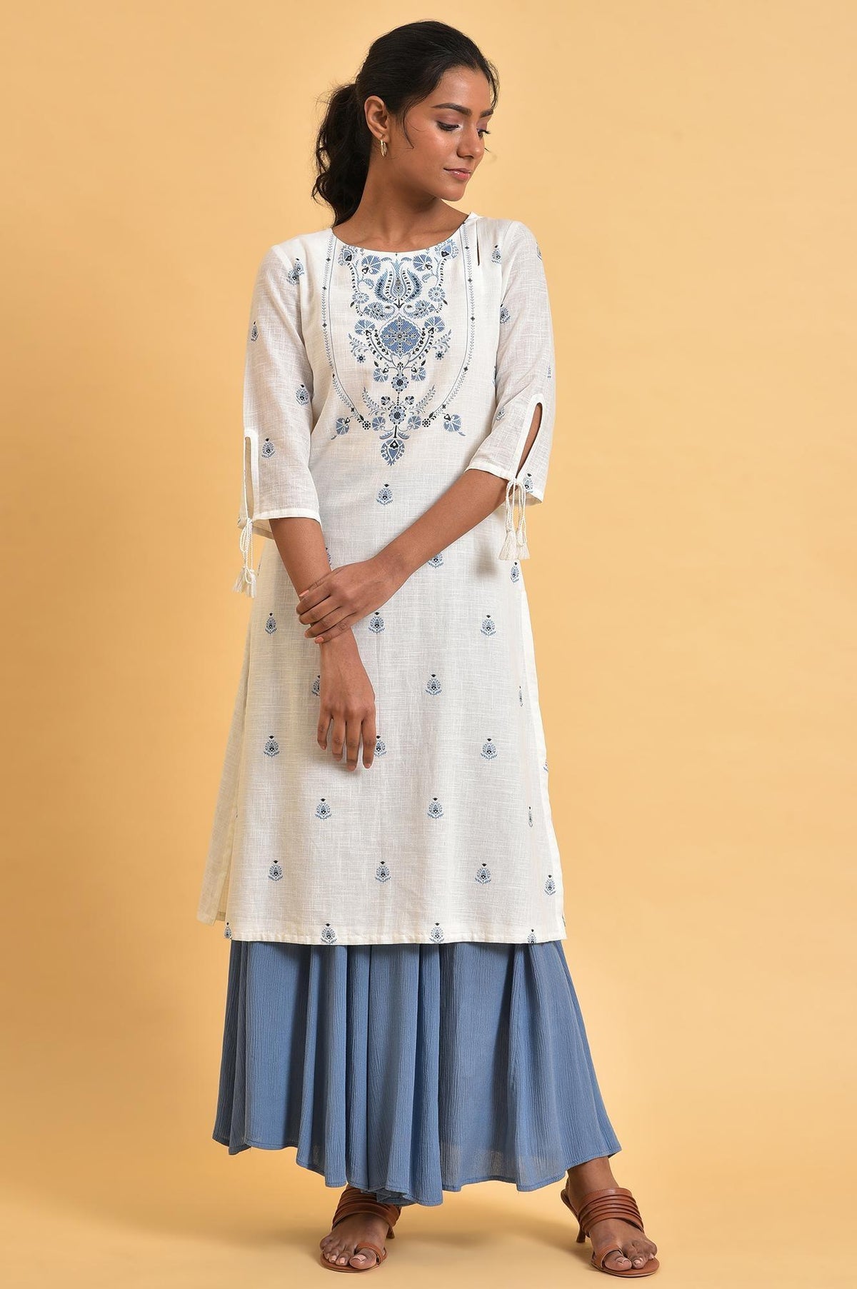 White Floral Print Summer kurta - XS