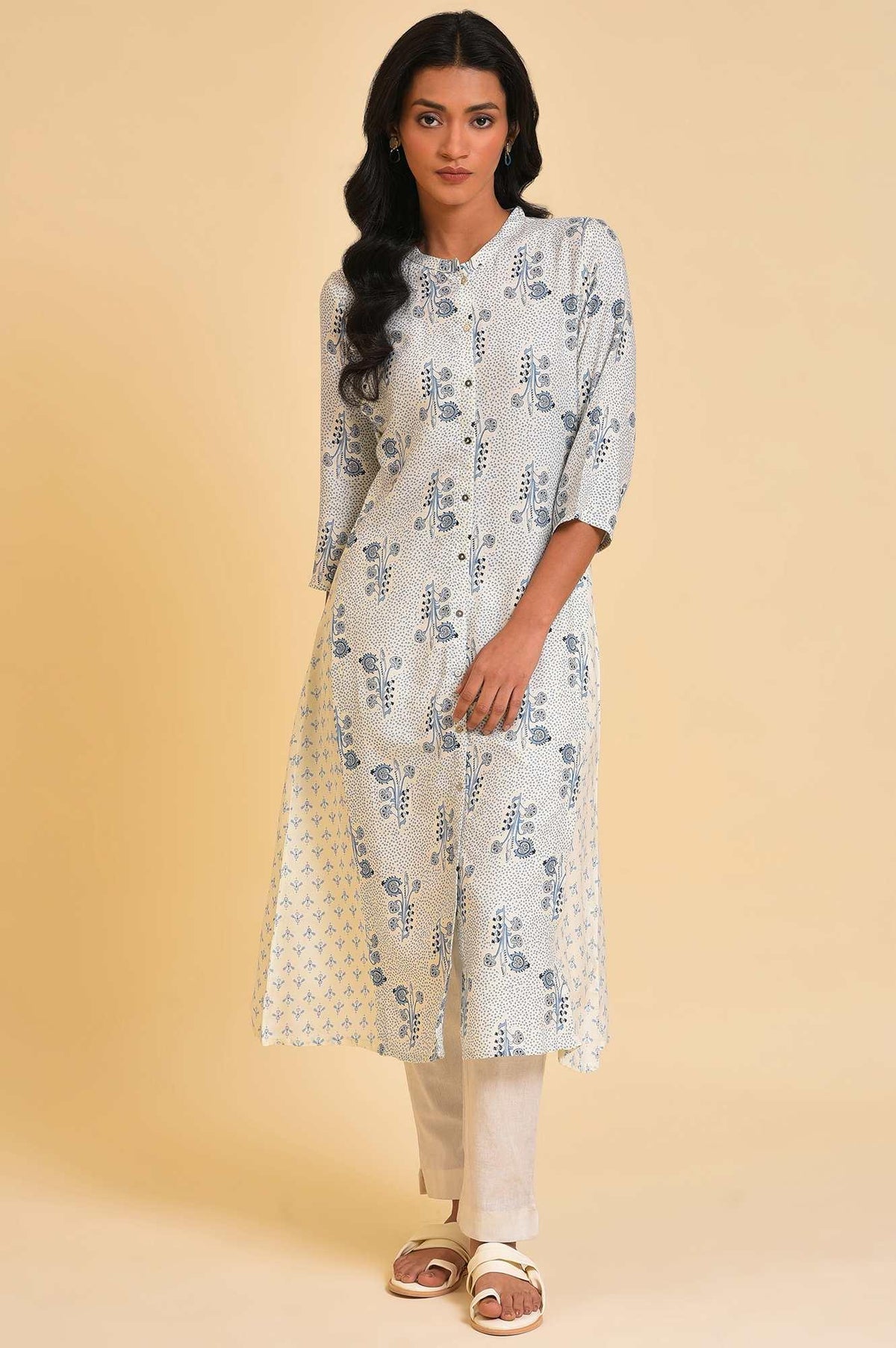 White Cotton Printed Button-Down Kurta - XS