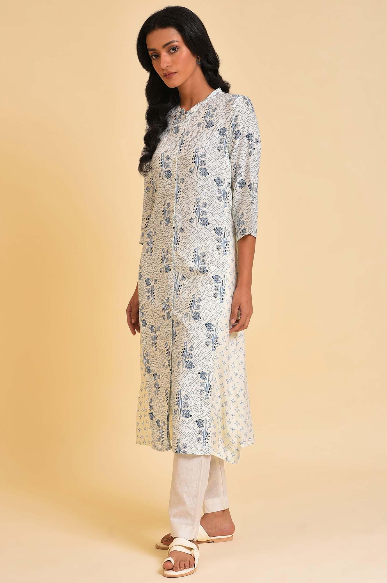 White Printed Button Down kurta - wforwoman