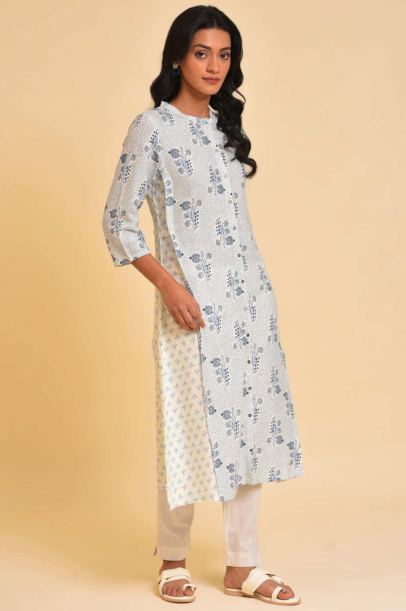 Plus Size White Printed Button Down kurta - wforwoman