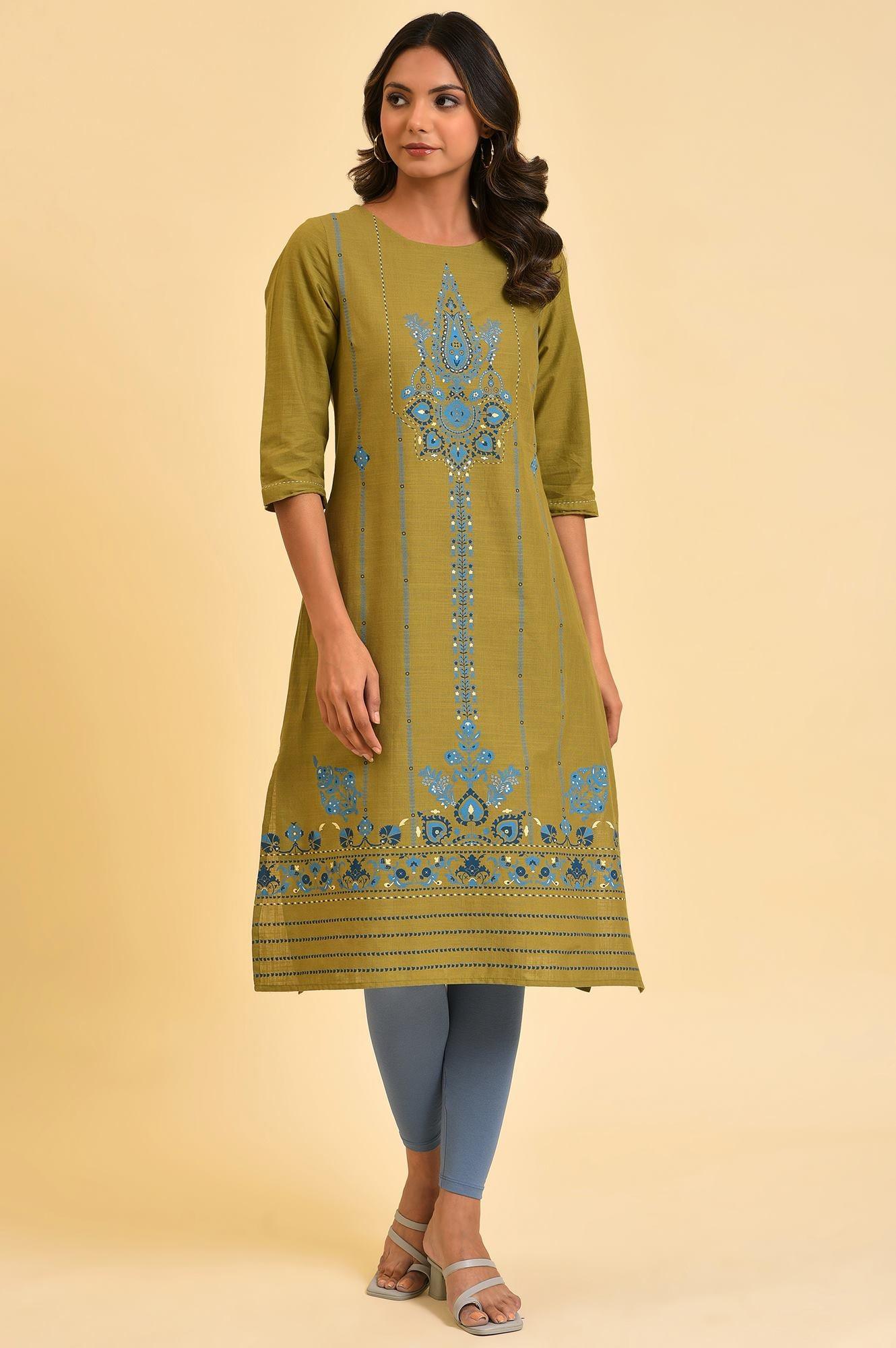 Green Cotton Printed Straight kurta - wforwoman