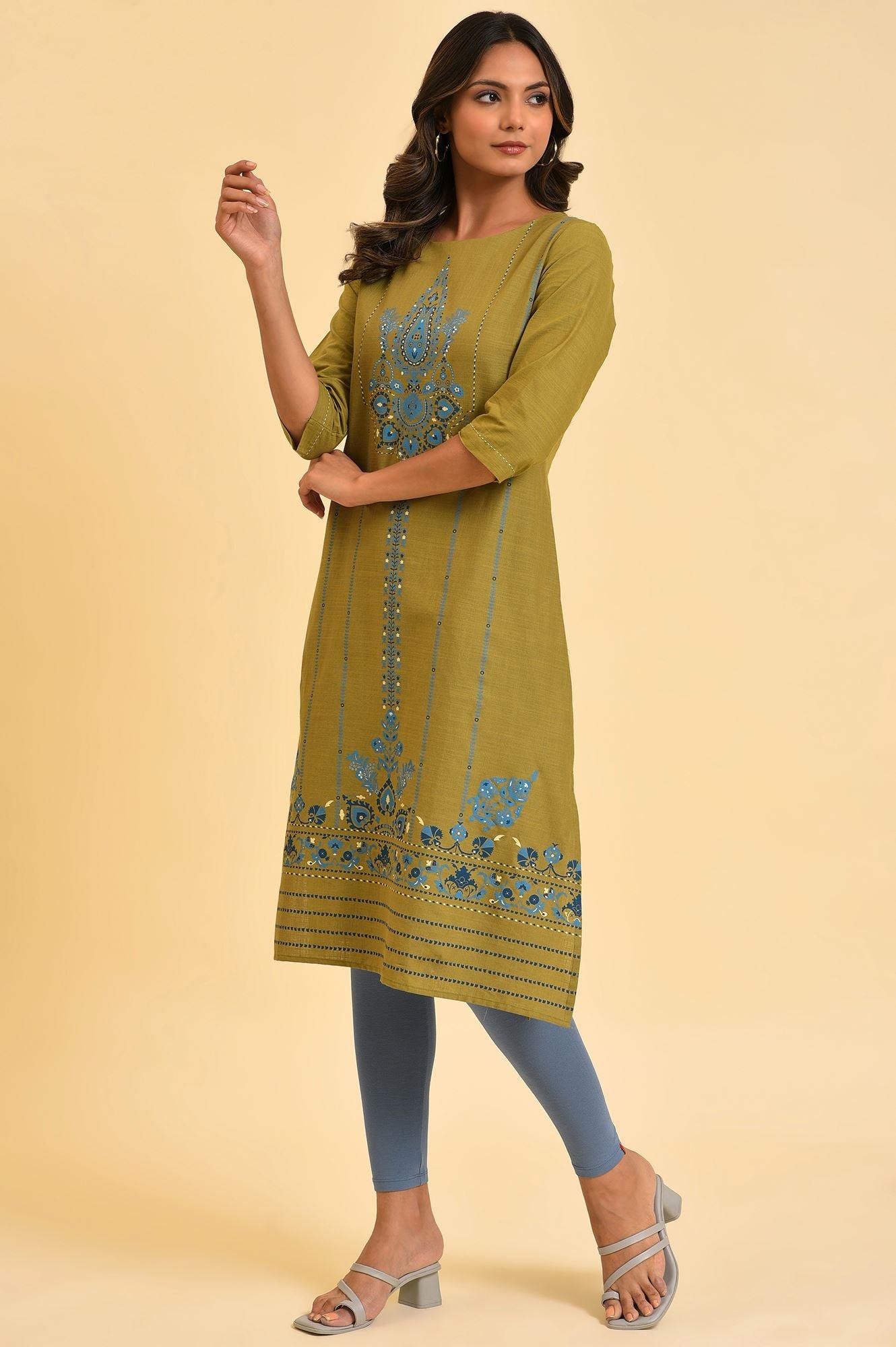 Green Cotton Printed Straight kurta - wforwoman