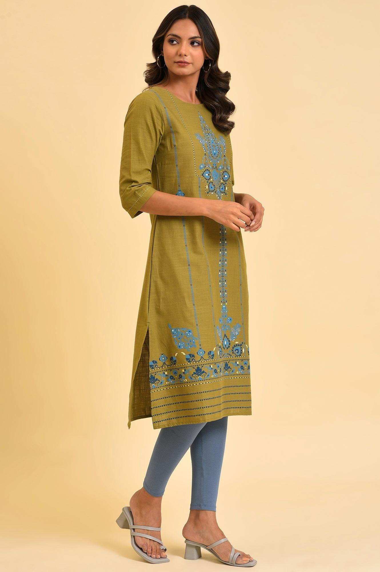 Green Cotton Printed Straight kurta - wforwoman