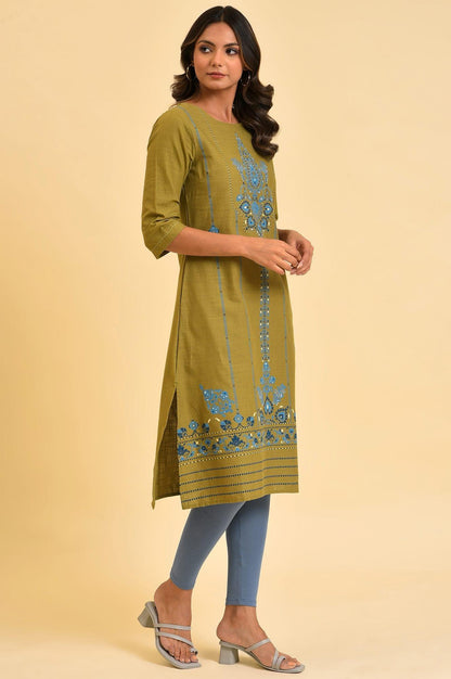 Green Cotton Printed Straight kurta - wforwoman