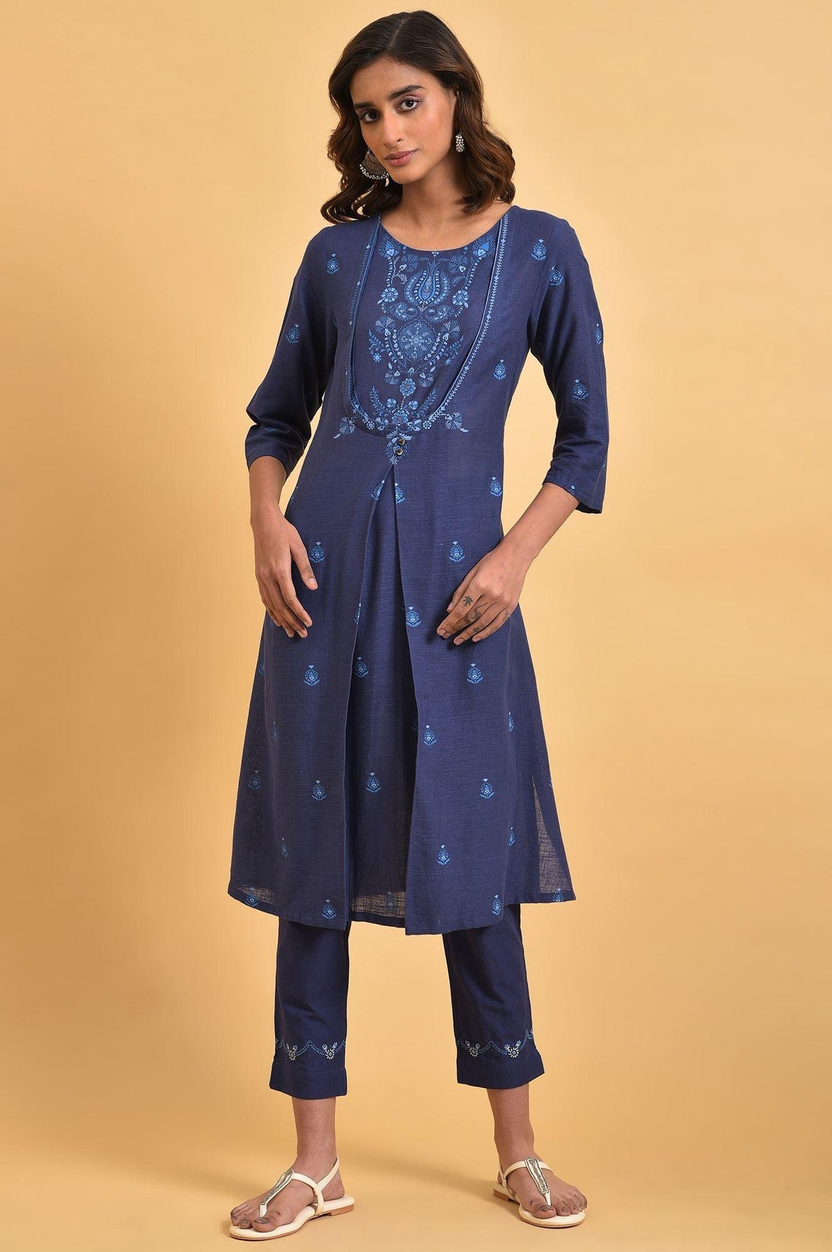 Navy Blue Floral Printed Plus Size Round Neck kurta - 20