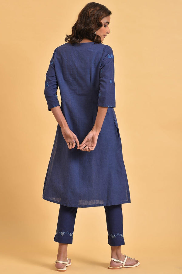 Navy Blue Floral Printed Plus Size Round Neck kurta